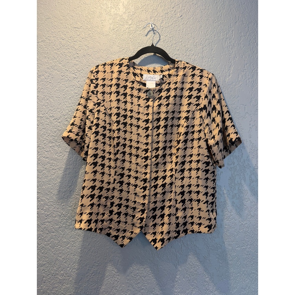 Cathy Che Vintage Houndstooth Blouse Tan Black Sharkbite Hem Button Up Size 12